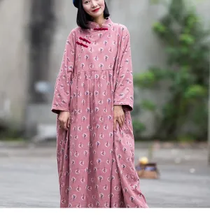 Floral Long Sleeve Summer Cotton Dress Women Dress Chinese Buttons XSYCP9201229