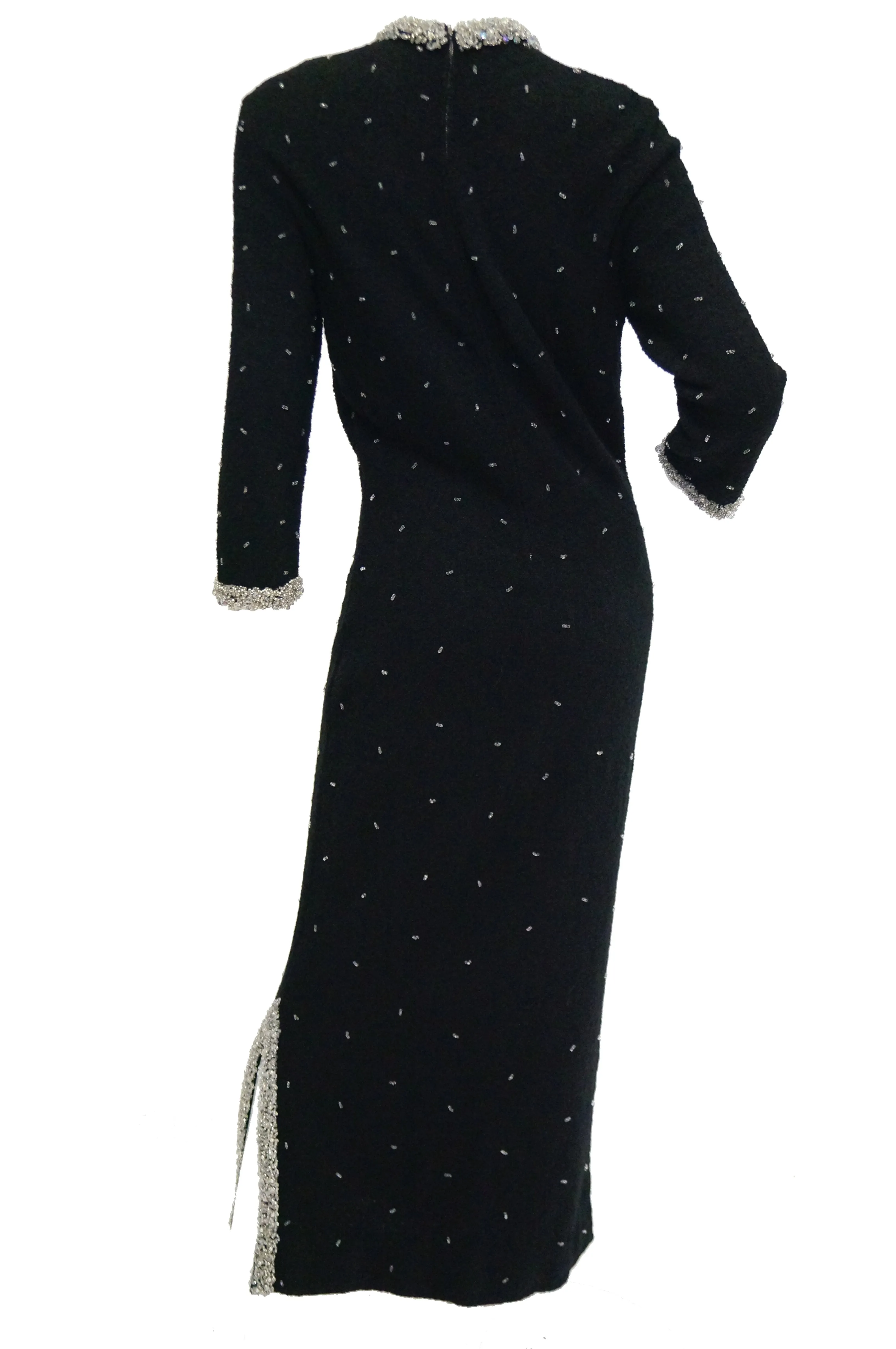 1960s Black Wool Knit Evening Dress Featuring Silver Glass Seed Bead Detail