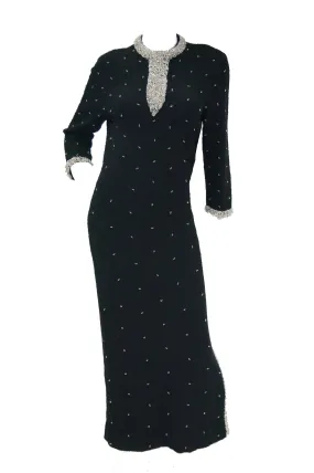 1960s Black Wool Knit Evening Dress Featuring Silver Glass Seed Bead Detail