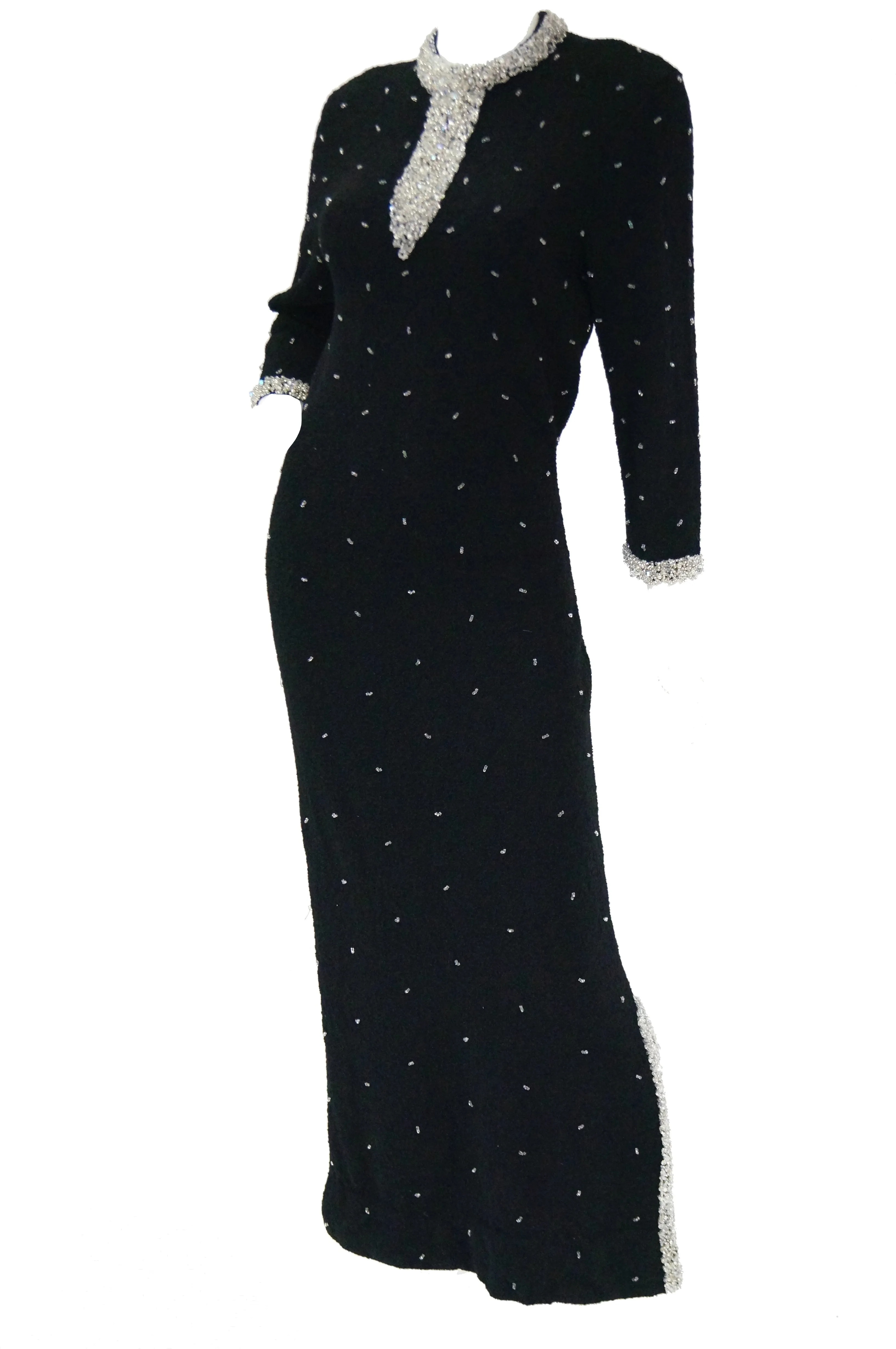 1960s Black Wool Knit Evening Dress Featuring Silver Glass Seed Bead Detail