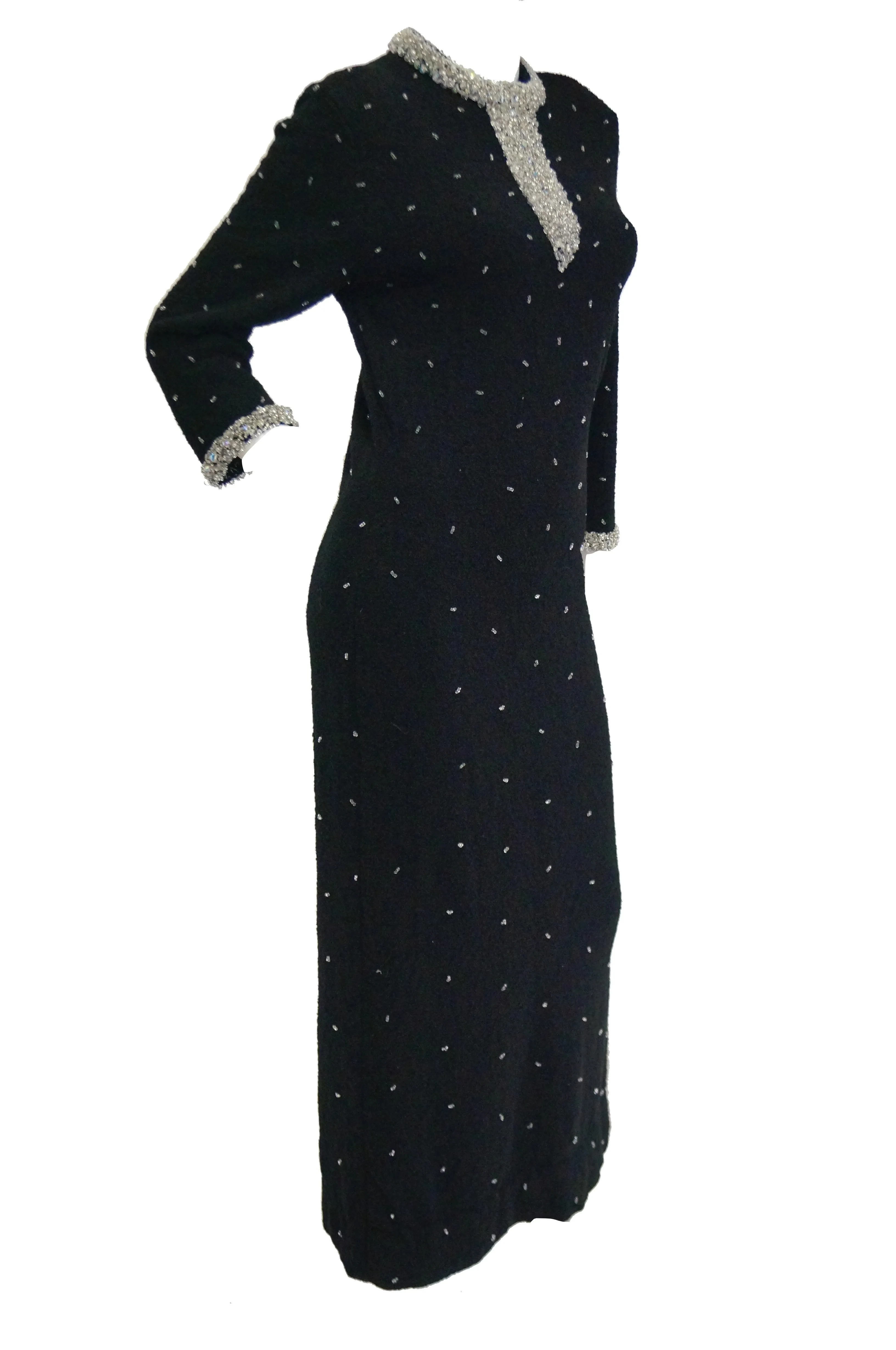 1960s Black Wool Knit Evening Dress Featuring Silver Glass Seed Bead Detail