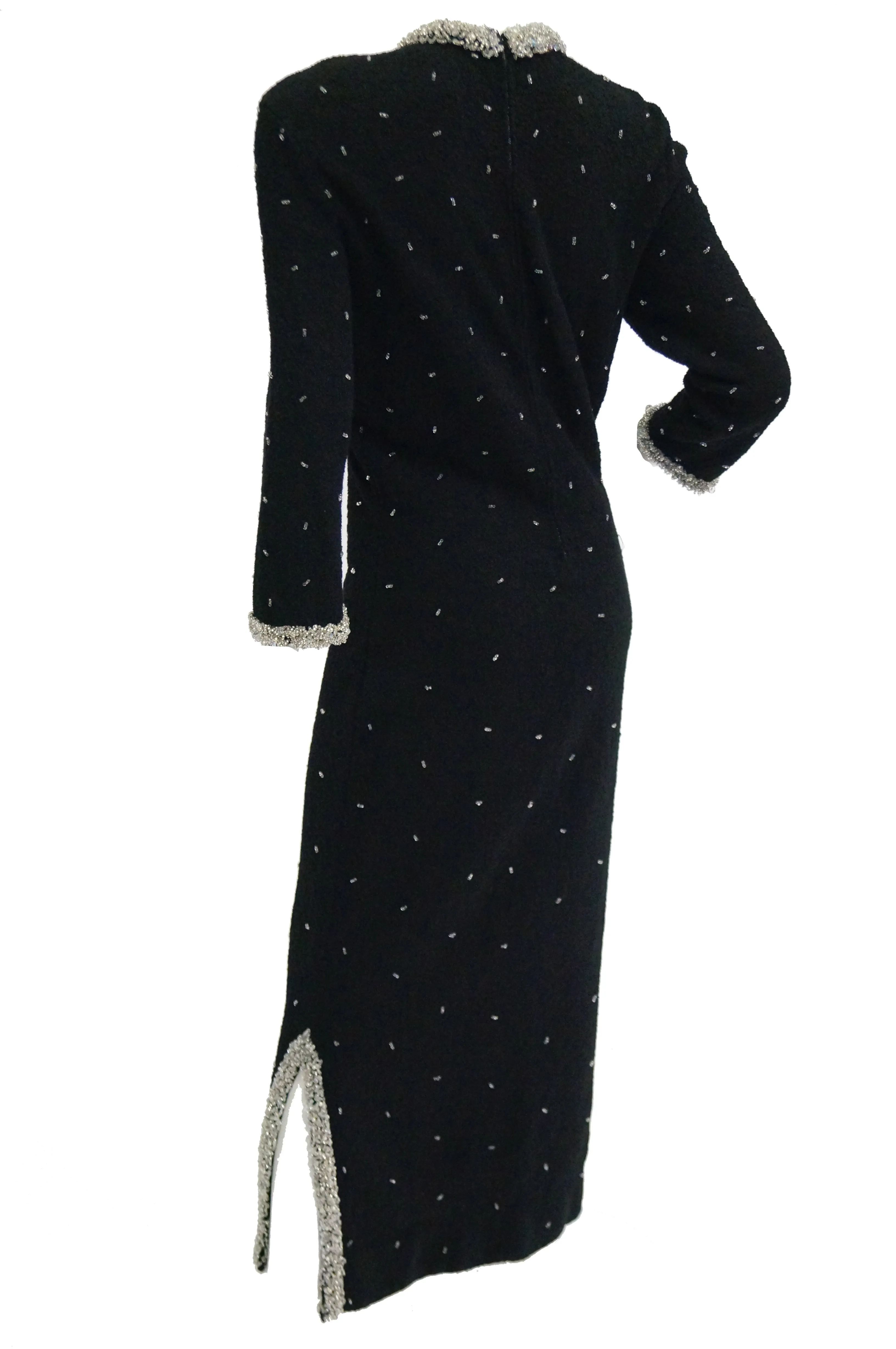 1960s Black Wool Knit Evening Dress Featuring Silver Glass Seed Bead Detail