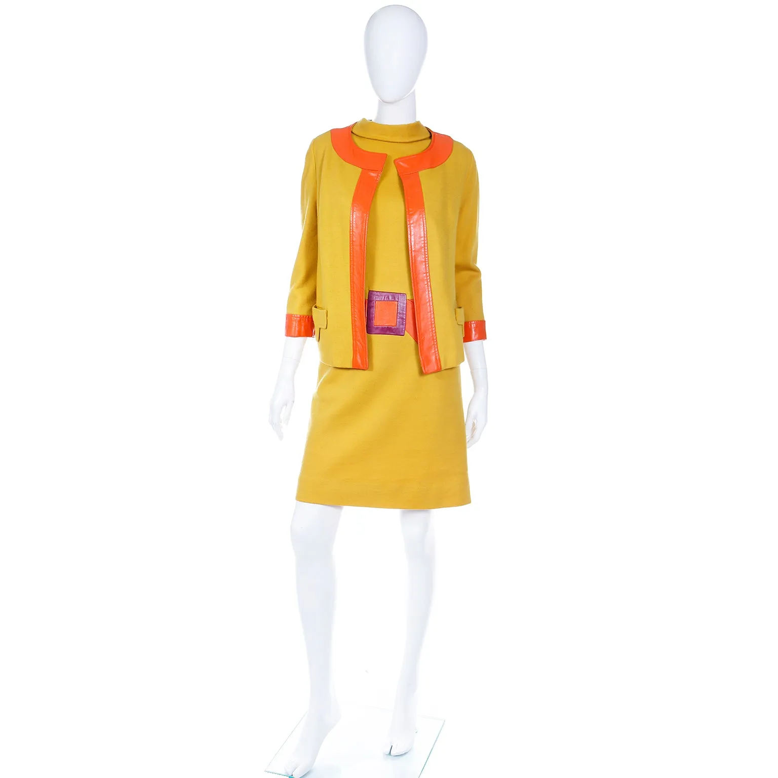 1960s Trompe L'oeil Mustard Yellow Orange & Purple Dress & Jacket