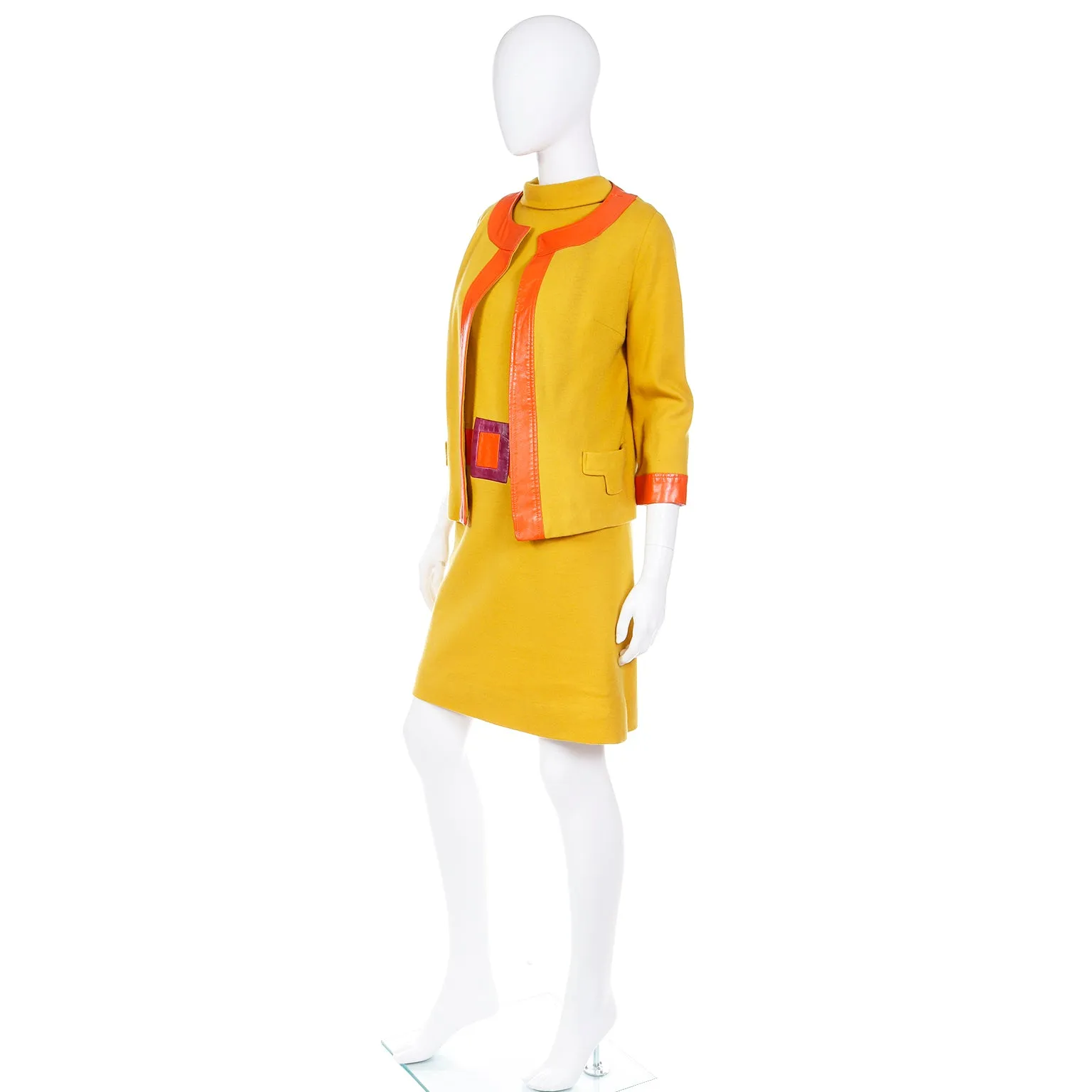 1960s Trompe L'oeil Mustard Yellow Orange & Purple Dress & Jacket