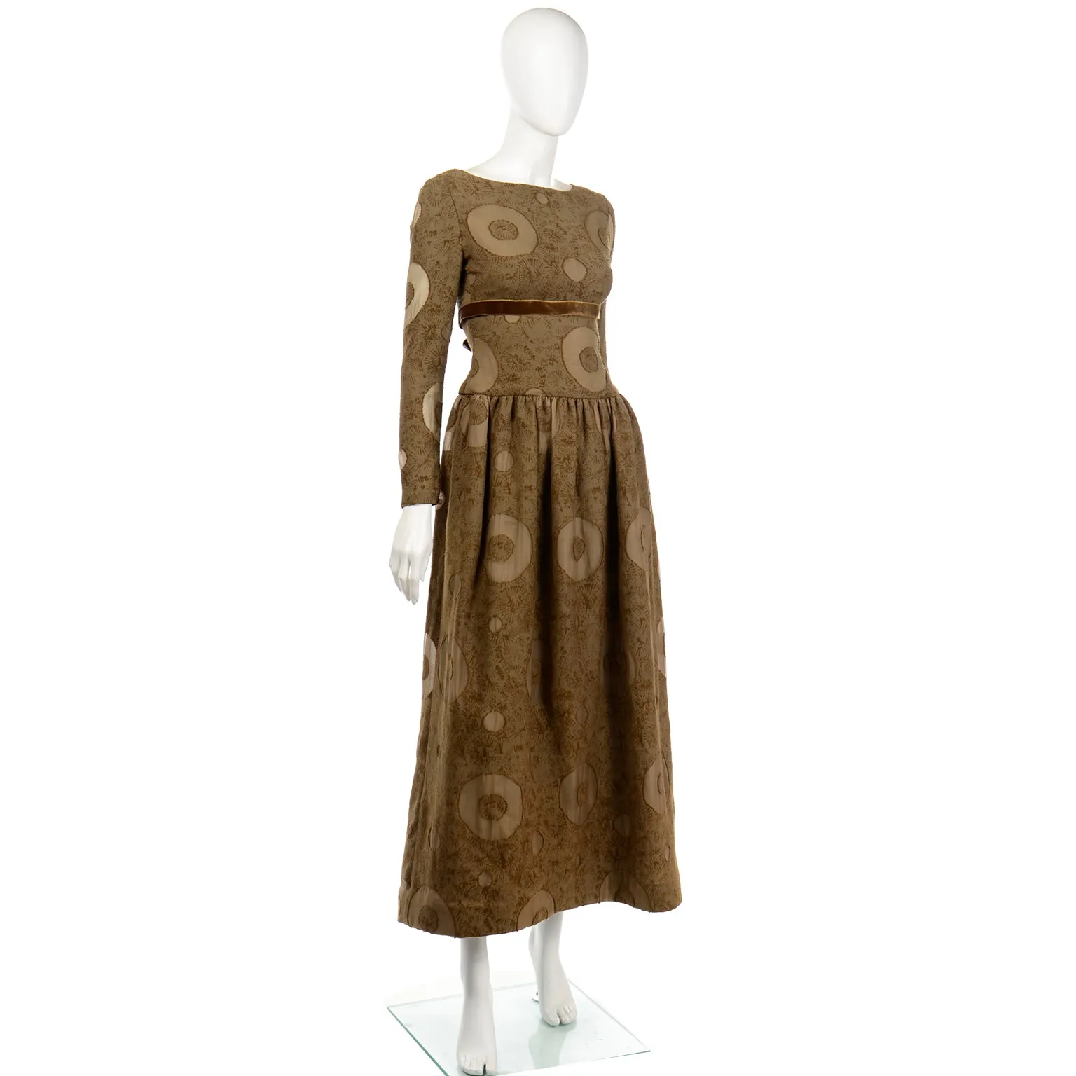 1970s Bill Blass Vintage Brown Circle Print Silk Dress w/ Velvet Ribbon