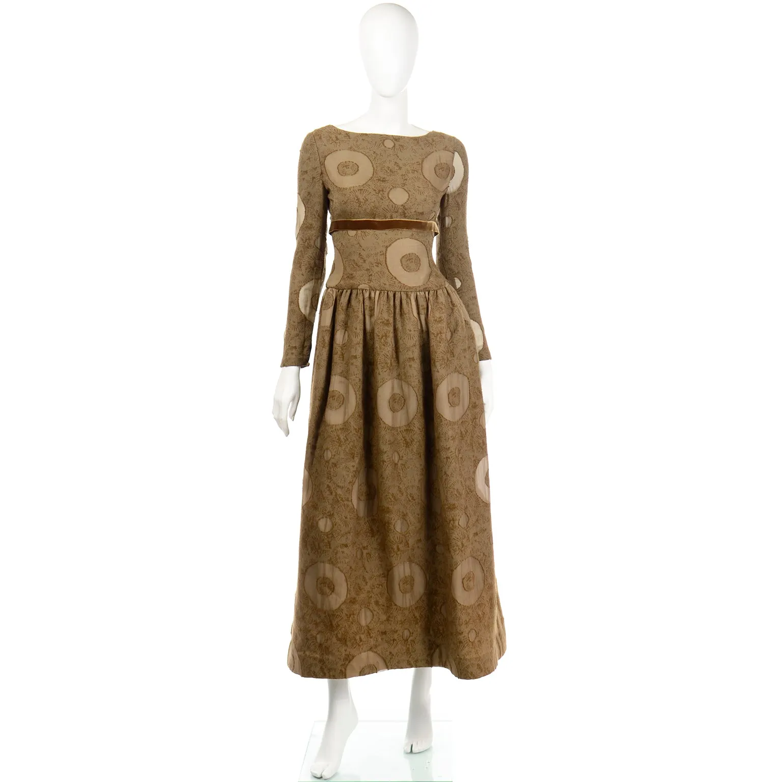 1970s Bill Blass Vintage Brown Circle Print Silk Dress w/ Velvet Ribbon