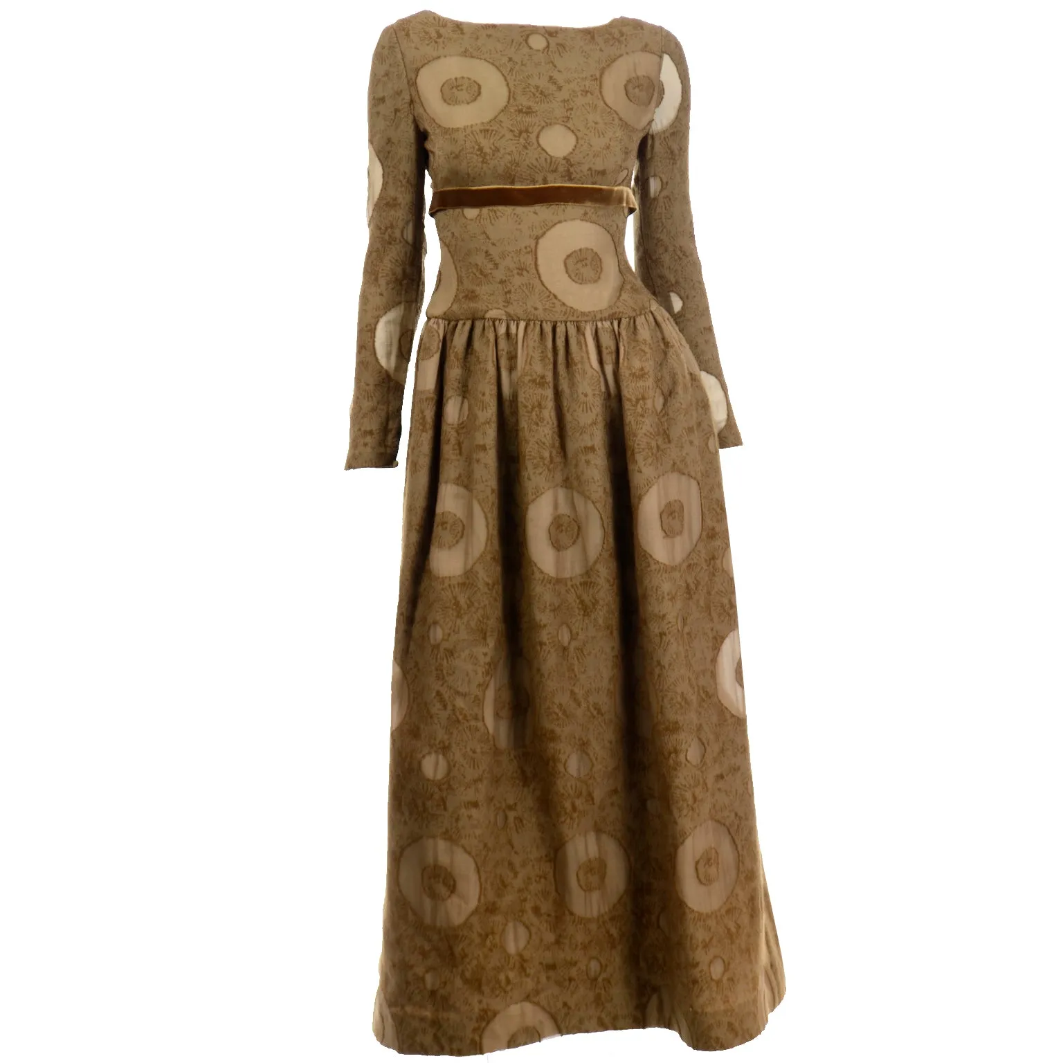 1970s Bill Blass Vintage Brown Circle Print Silk Dress w/ Velvet Ribbon