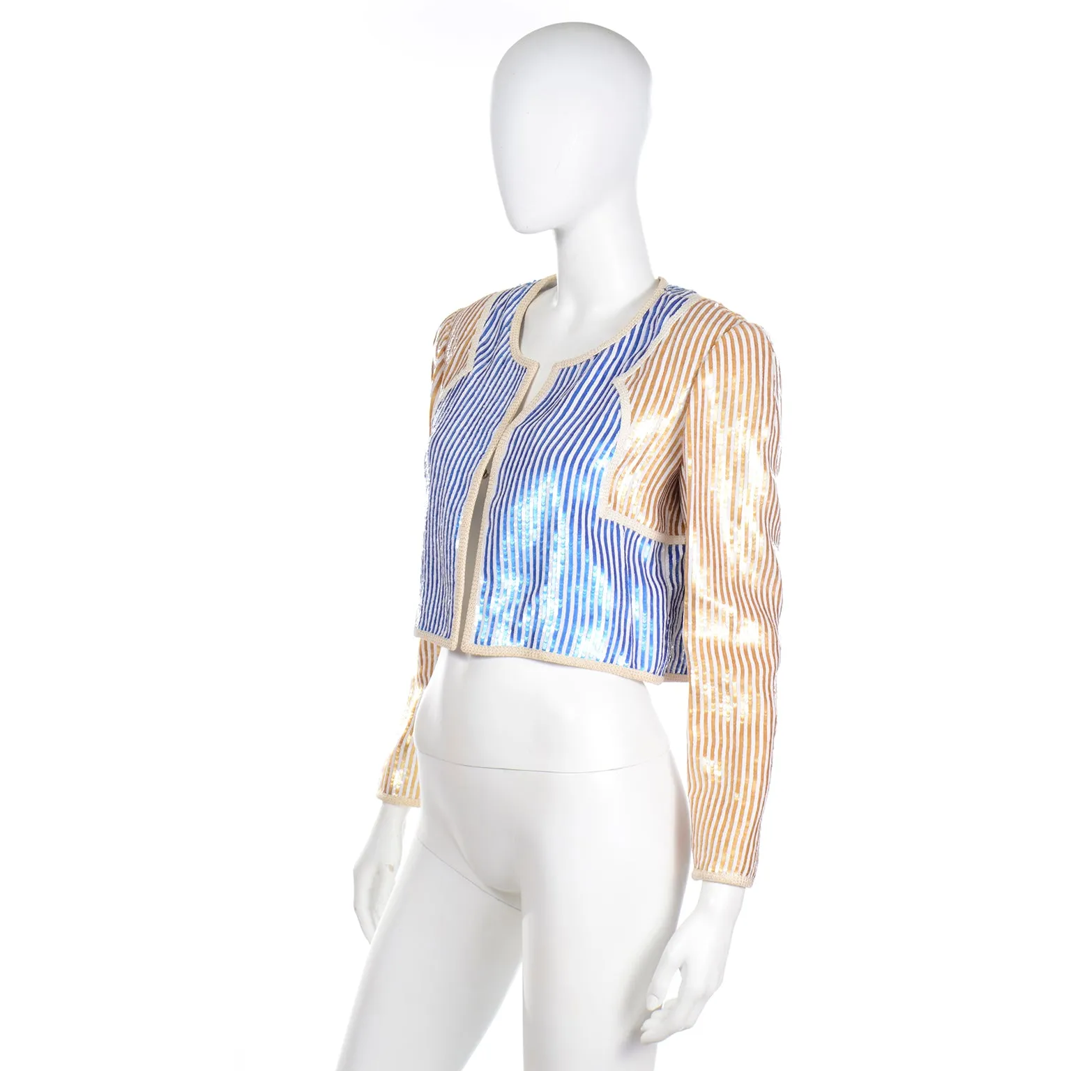 1980s Bill Blass Blue Gold & White Sequin Paillette Cropped Jacket