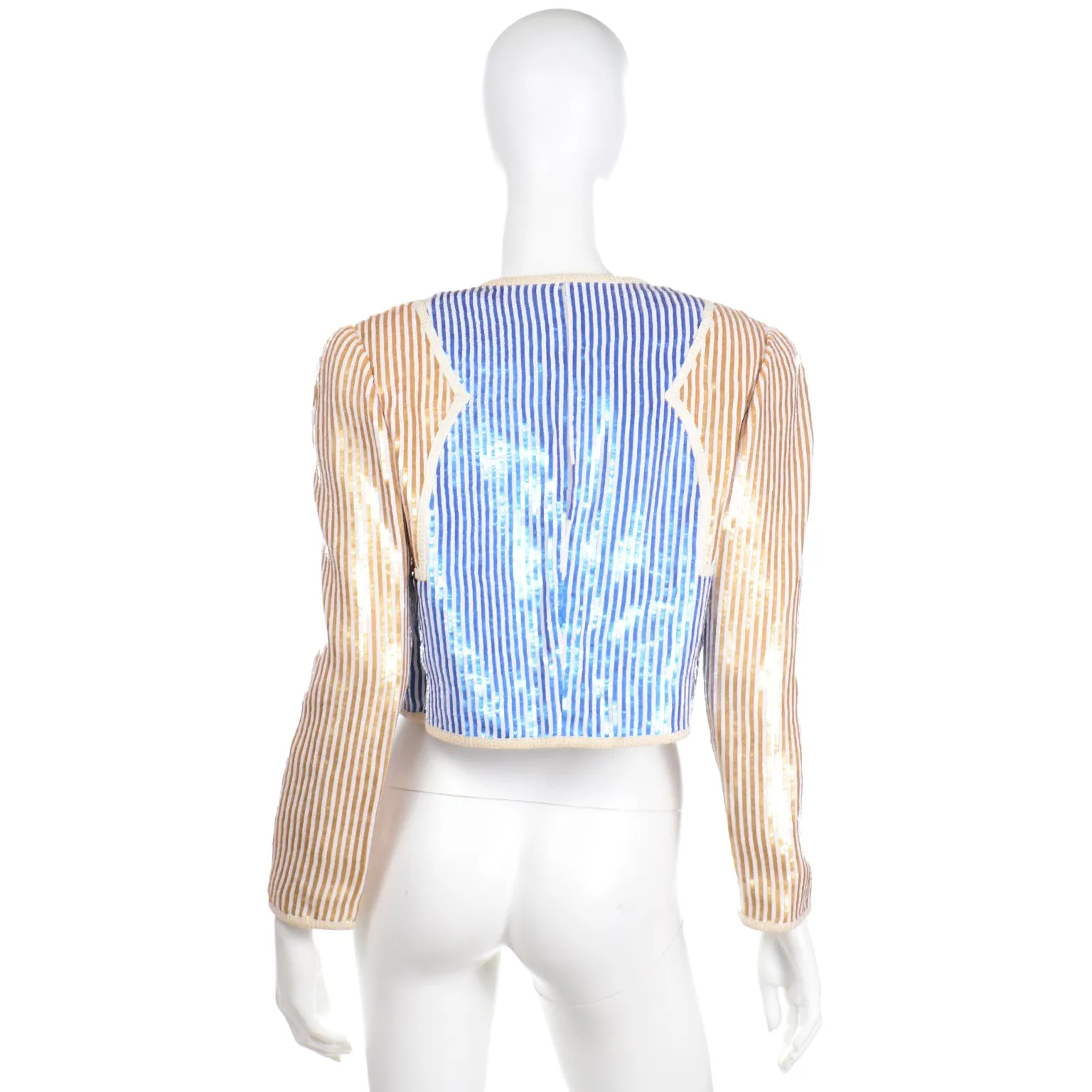 1980s Bill Blass Blue Gold & White Sequin Paillette Cropped Jacket