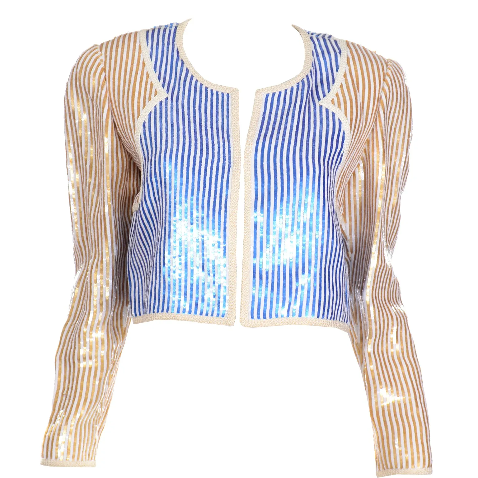 1980s Bill Blass Blue Gold & White Sequin Paillette Cropped Jacket