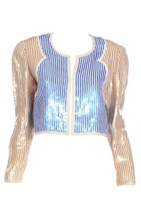 1980s Bill Blass Blue Gold & White Sequin Paillette Cropped Jacket