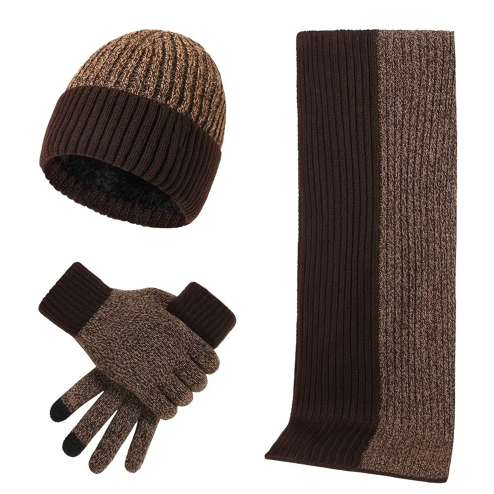 2pcs 1pair/set Unisex Splicing Color Knitted Hat Hat Scarf Gloves Set, Unisex, One Size Fits All, Ideal choice for Gifts