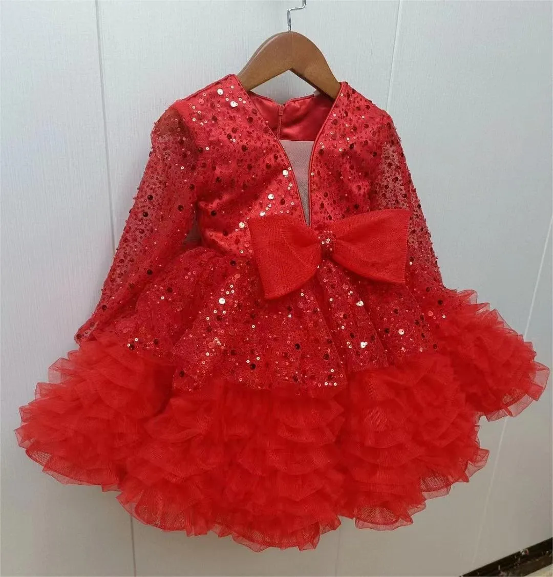 2pcs Long sleeve sequined girl's birthday party princess dress Dreamy Girls Dress  Headed