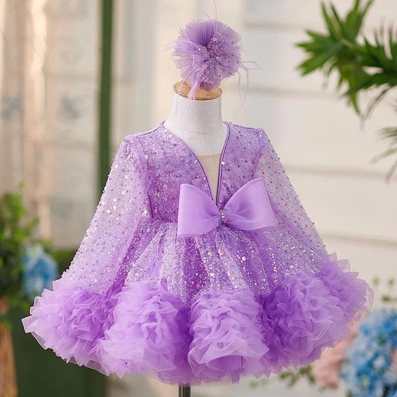 2pcs Long sleeve sequined girl's birthday party princess dress Dreamy Girls Dress  Headed