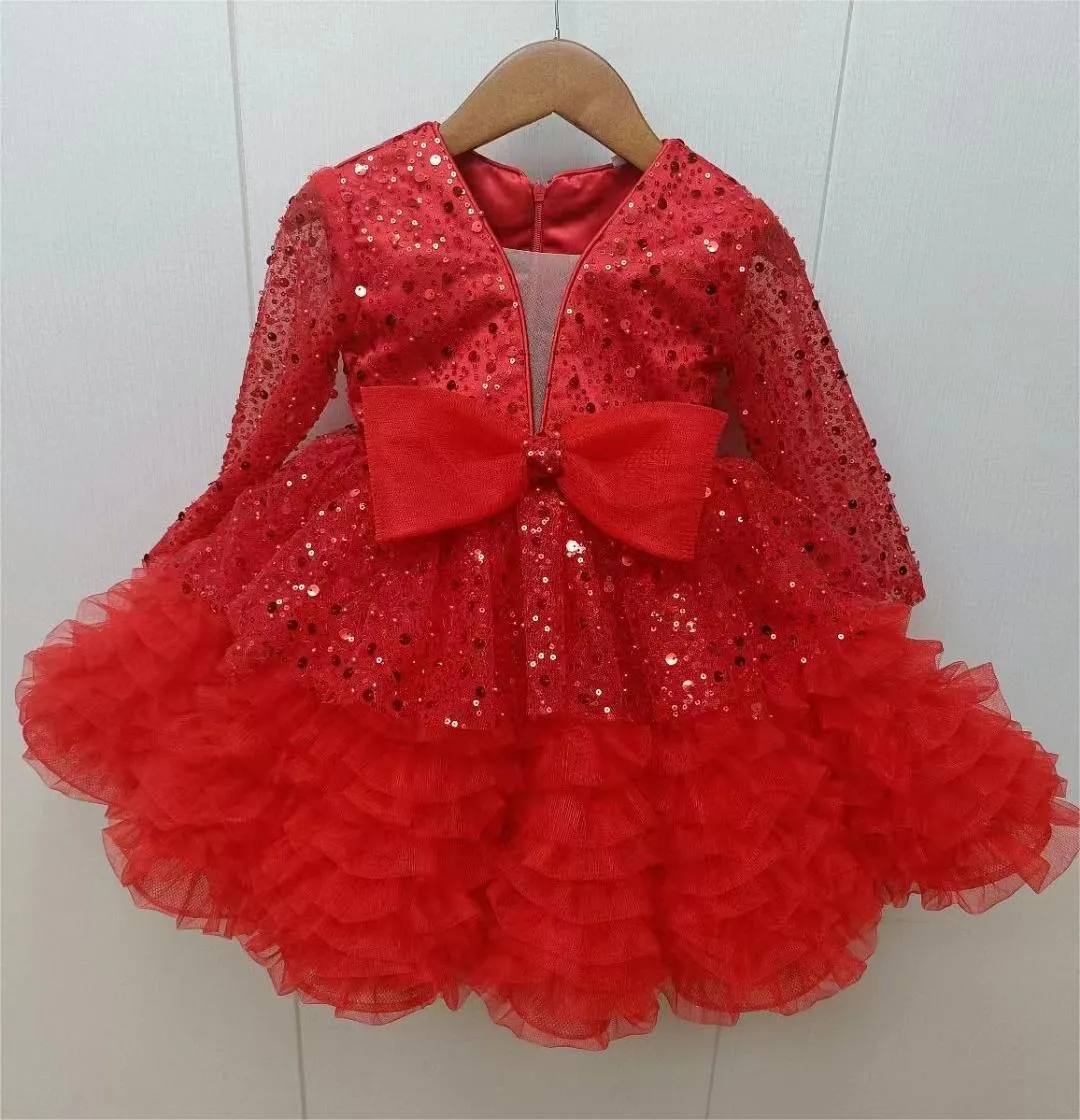 2pcs Long sleeve sequined girl's birthday party princess dress Dreamy Girls Dress  Headed