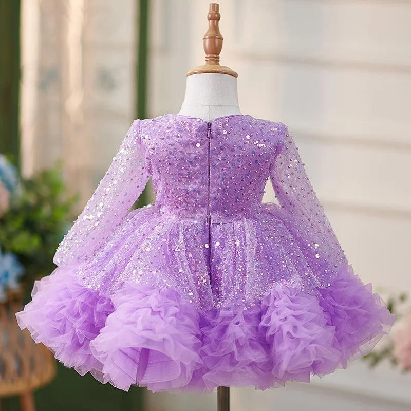 2pcs Long sleeve sequined girl's birthday party princess dress Dreamy Girls Dress  Headed