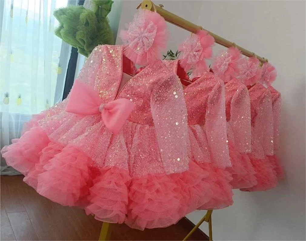 2pcs Long sleeve sequined girl's birthday party princess dress Dreamy Girls Dress  Headed