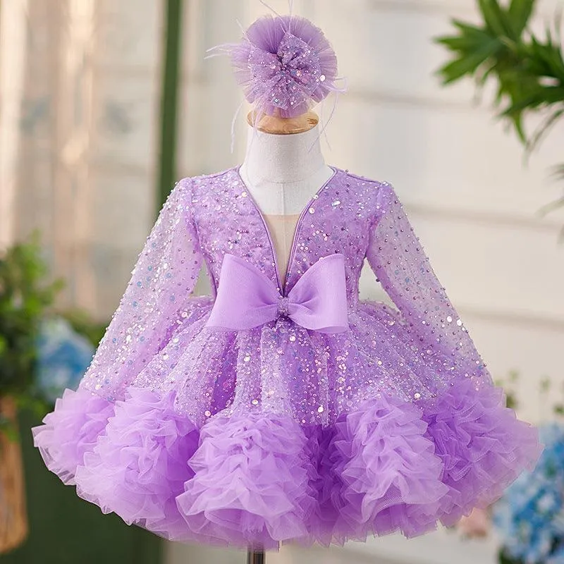 2pcs Long sleeve sequined girl's birthday party princess dress Dreamy Girls Dress  Headed