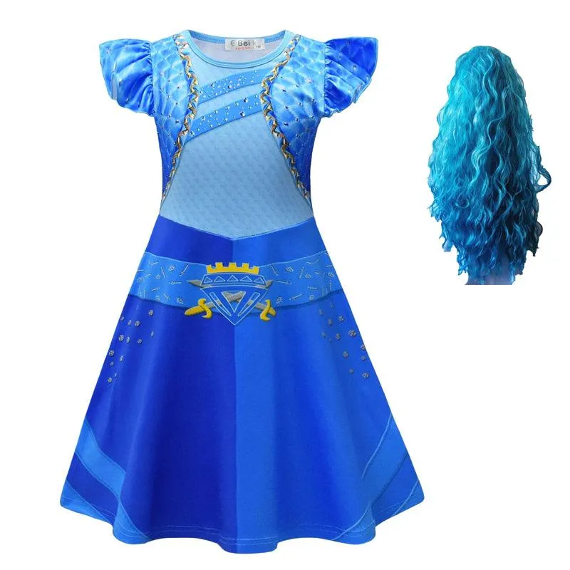 3-10-year-old children's dress Halloween party cosplay movie queen dress printed small fly sleeves girl princess dress wig