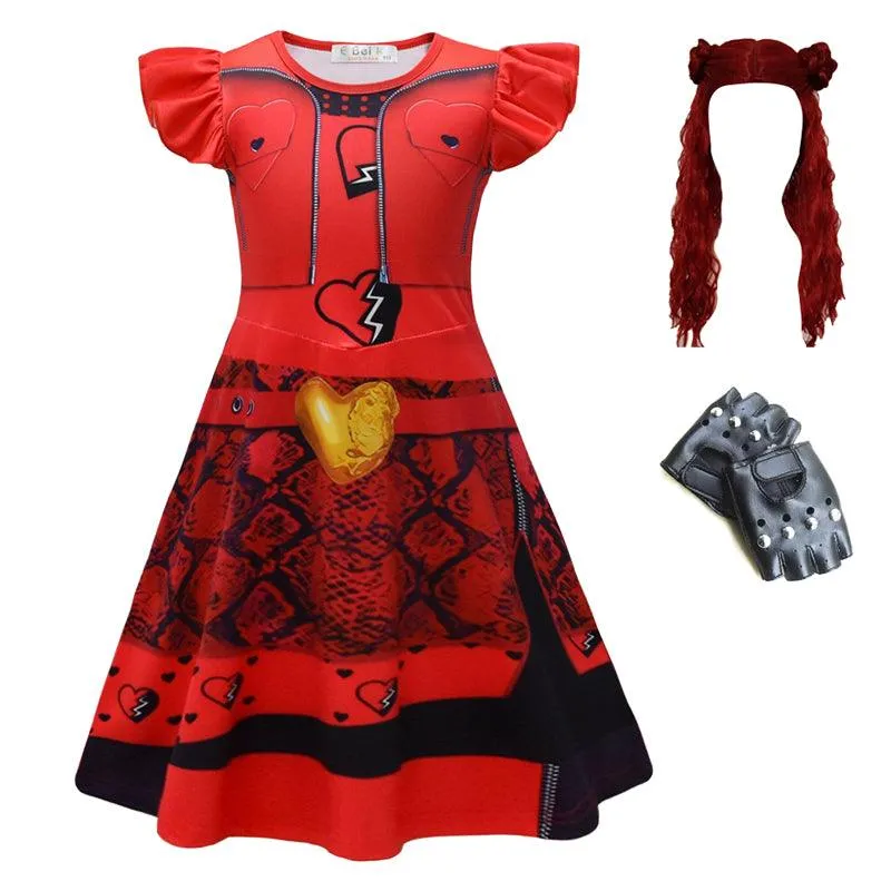 3-10-year-old children's dress Halloween party cosplay movie queen dress printed small fly sleeves girl princess dress wig