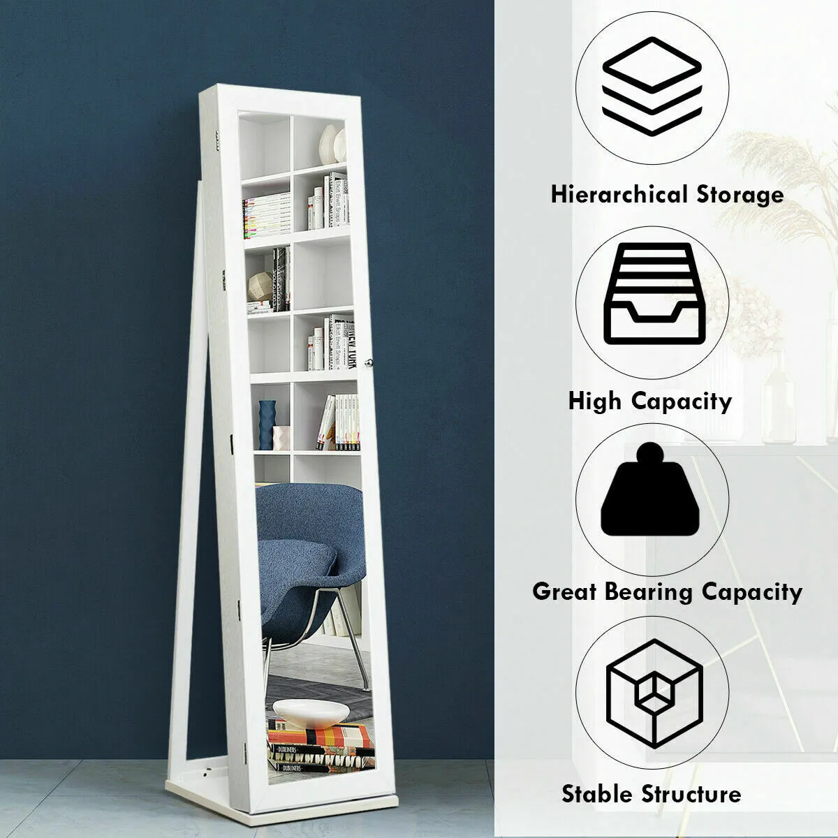 3-in-1 360° Swivel Mirrored Jewelry Armoire with Display Shelves-White