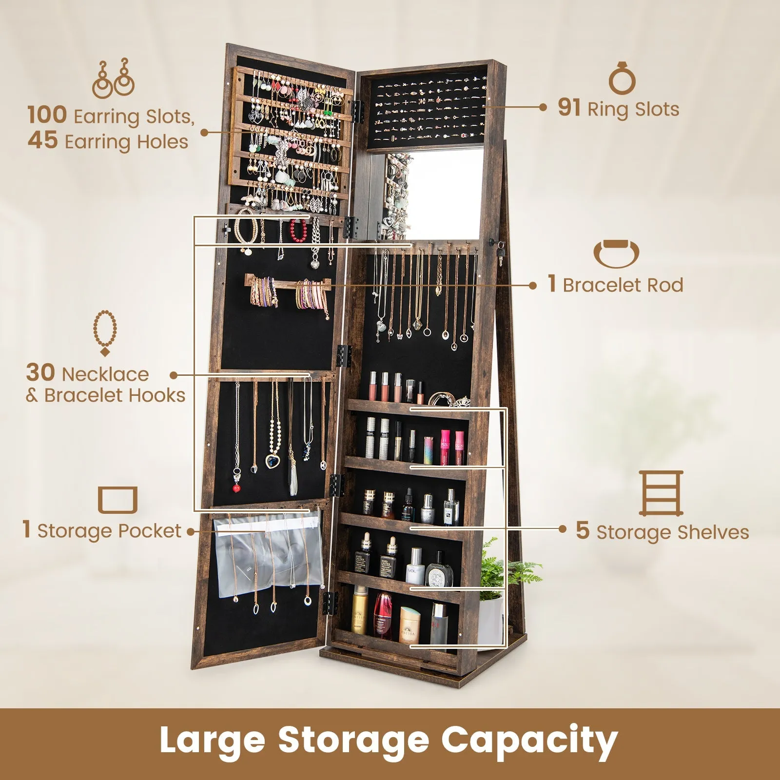 3-in-1 Mirrored Jewelry Armoire with Display Shelves-Brown