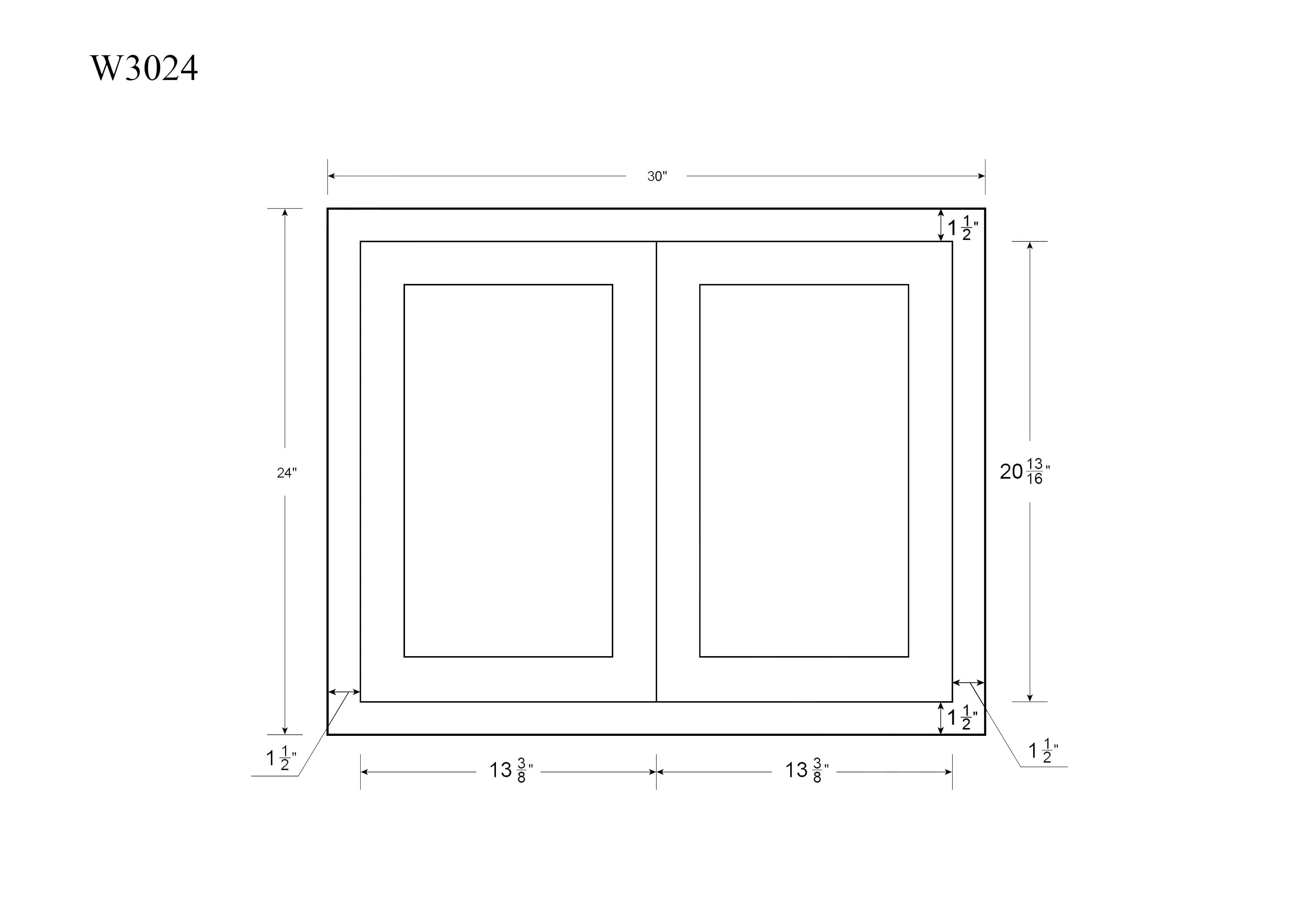 30" Wide Bridge Elegant Oak Shaker Wall Cabinet - Double Door 12", 15", 18", 21"& 24" Tall