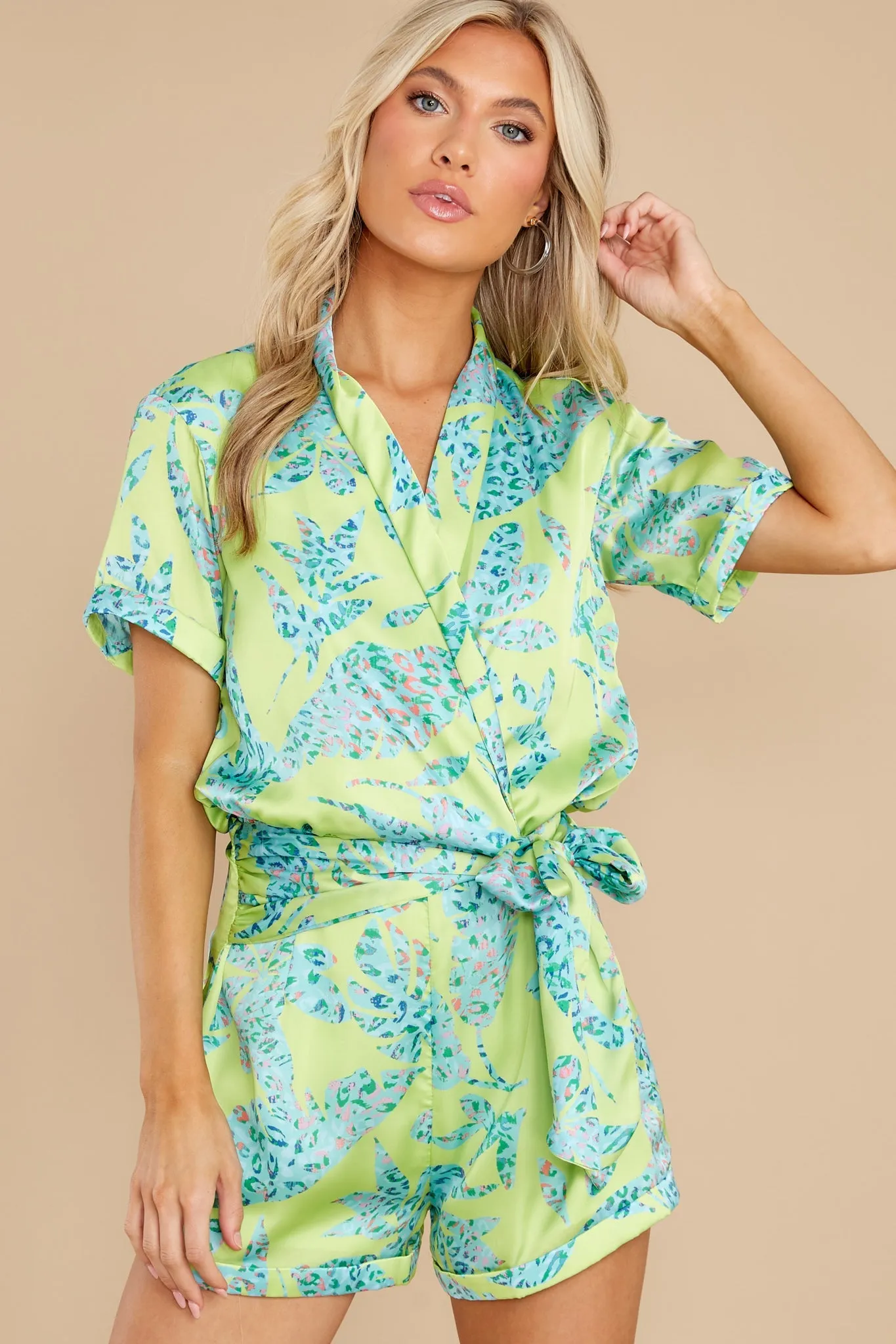 Acacia Printed Satin Short Sleeve Wrap Waist Romper