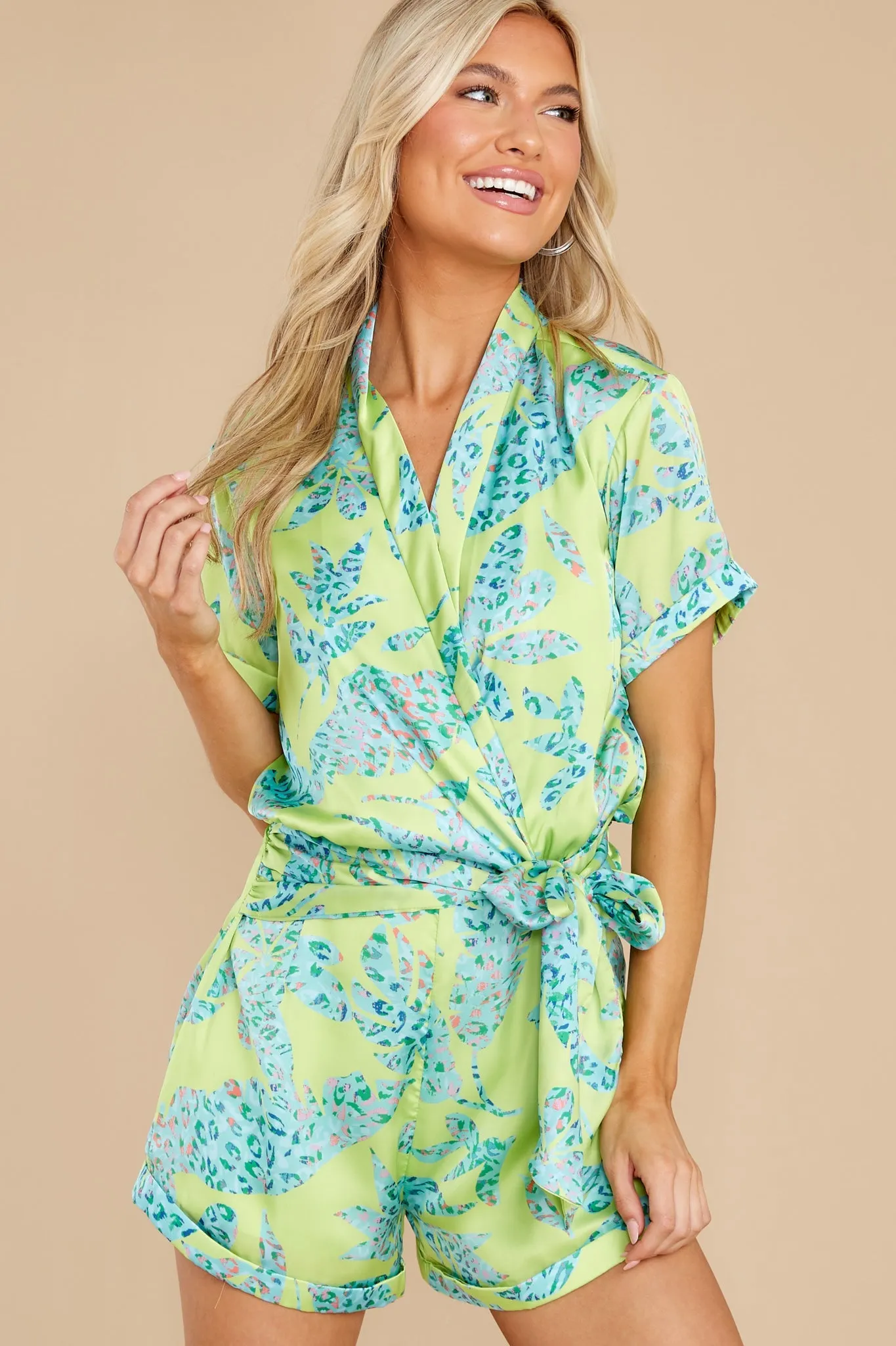 Acacia Printed Satin Short Sleeve Wrap Waist Romper