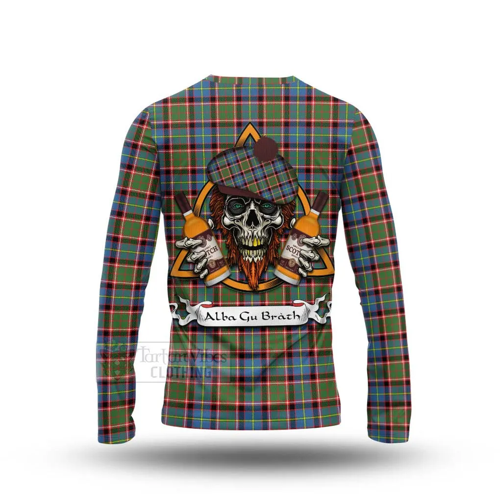 Aikenhead Tartan Long Sleeve T-Shirt with Family Crest and Bearded Skull Holding Bottles of Whiskey