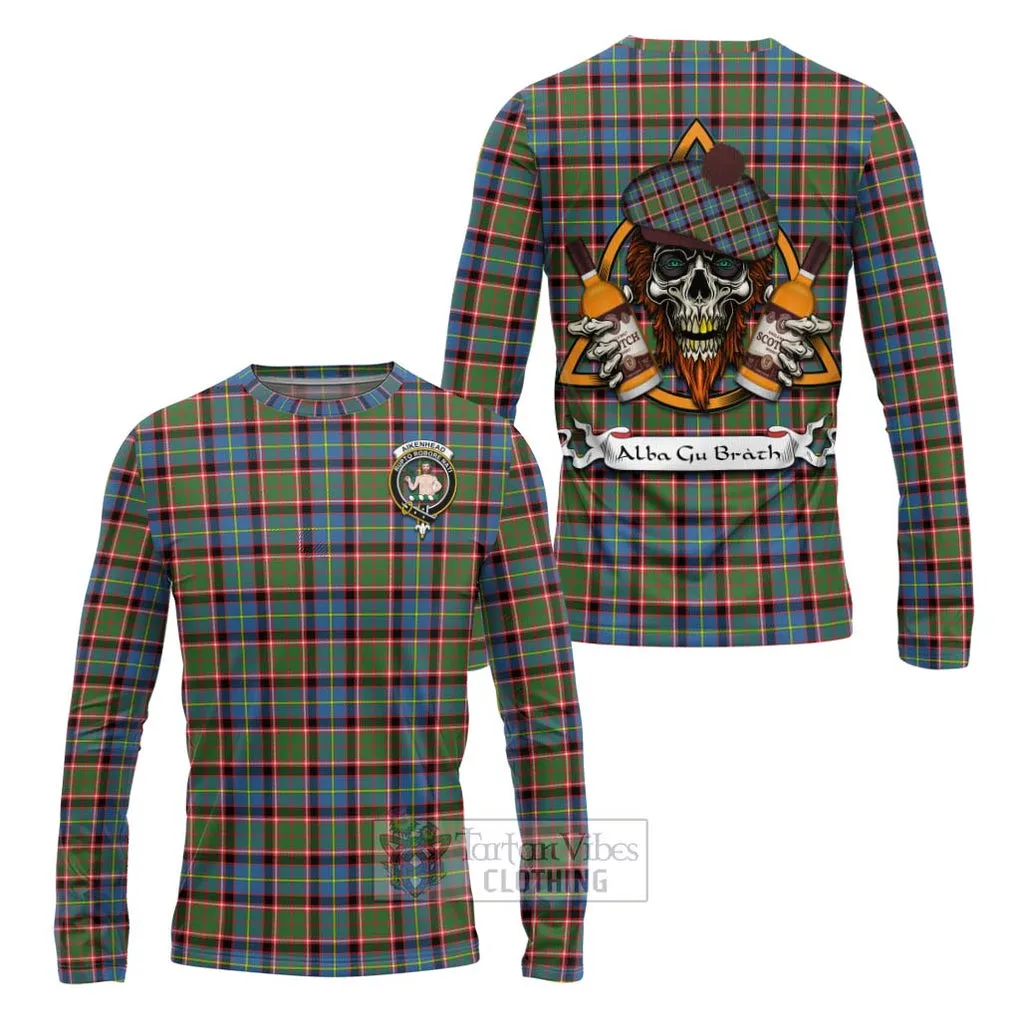 Aikenhead Tartan Long Sleeve T-Shirt with Family Crest and Bearded Skull Holding Bottles of Whiskey