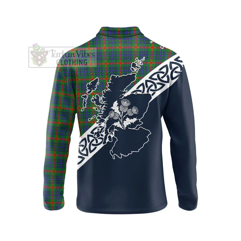 Aiton Tartan Long Sleeve Polo Shirt Featuring Thistle and Scotland Map