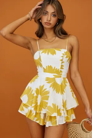 Alexandria Square Neckline Tie Back Romper Large Sunflower Print Yellow