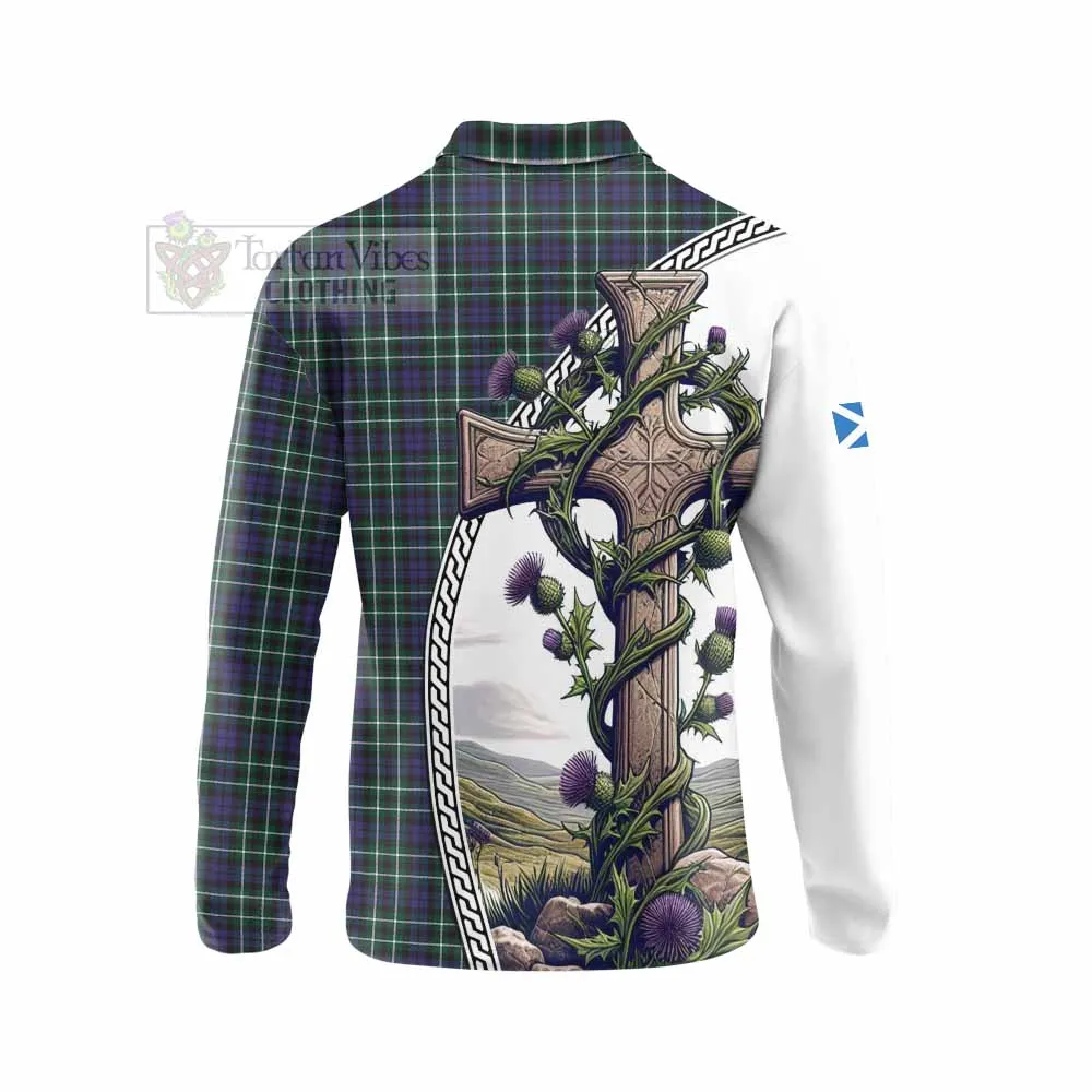 Allardice Tartan Long Sleeve Polo Shirt with Family Crest and St. Andrew's Cross Accented by Thistle Vines