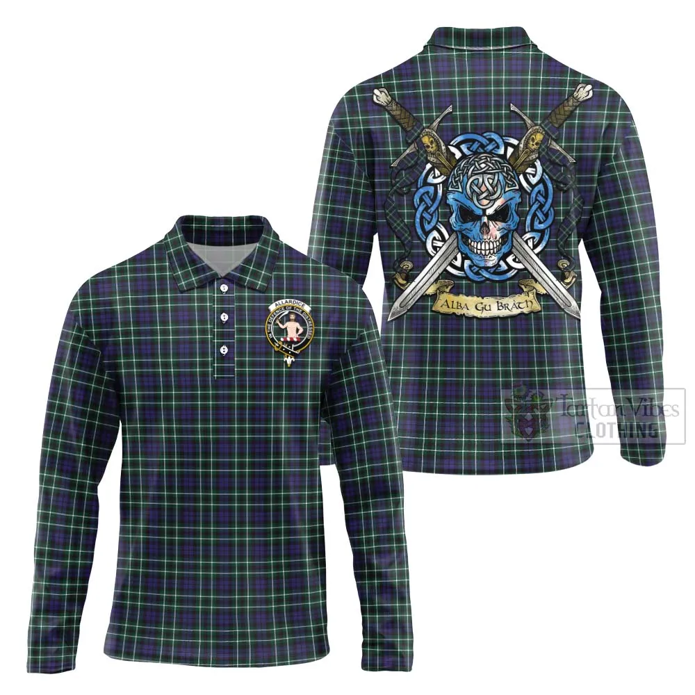 Allardice Tartan Long Sleeve Polo Shirt with Family Crest Celtic Skull Style