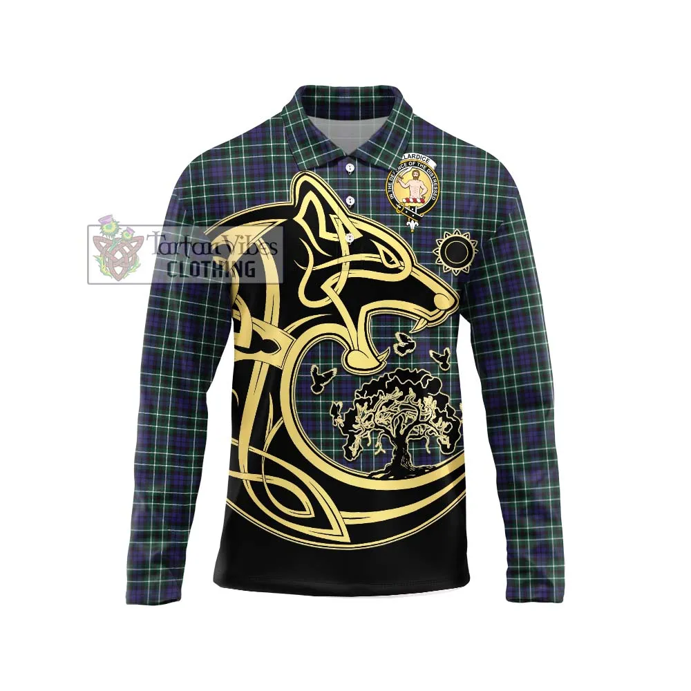 Allardice Tartan Long Sleeve Polo Shirt with Family Crest Celtic Wolf Style