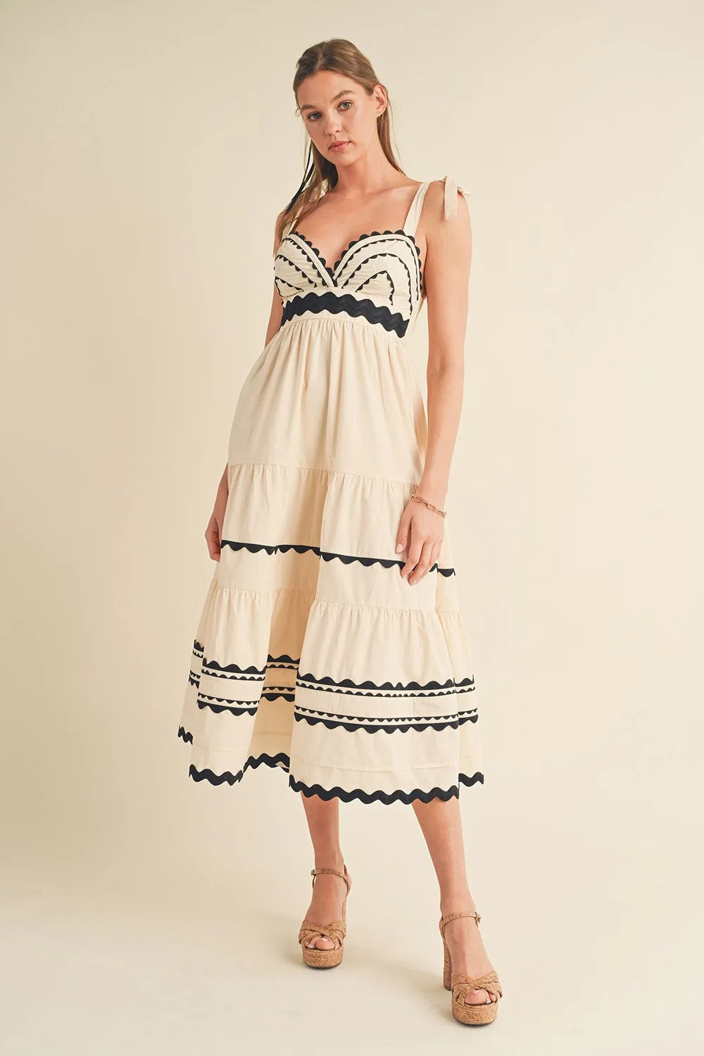 Almond Cream Tiered Trim Midi Dress