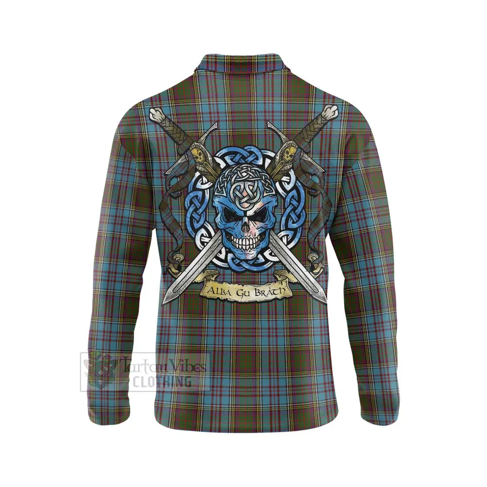 Anderson Tartan Long Sleeve Polo Shirt with Family Crest Celtic Skull Style