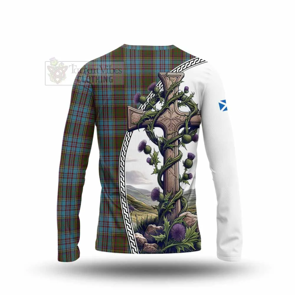 Anderson Tartan Long Sleeve T-Shirt with Family Crest and St. Andrew's Cross Accented by Thistle Vines