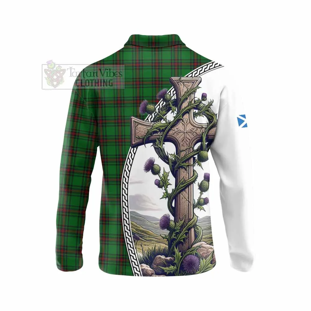 Anstruther Tartan Long Sleeve Polo Shirt with Family Crest and St. Andrew's Cross Accented by Thistle Vines