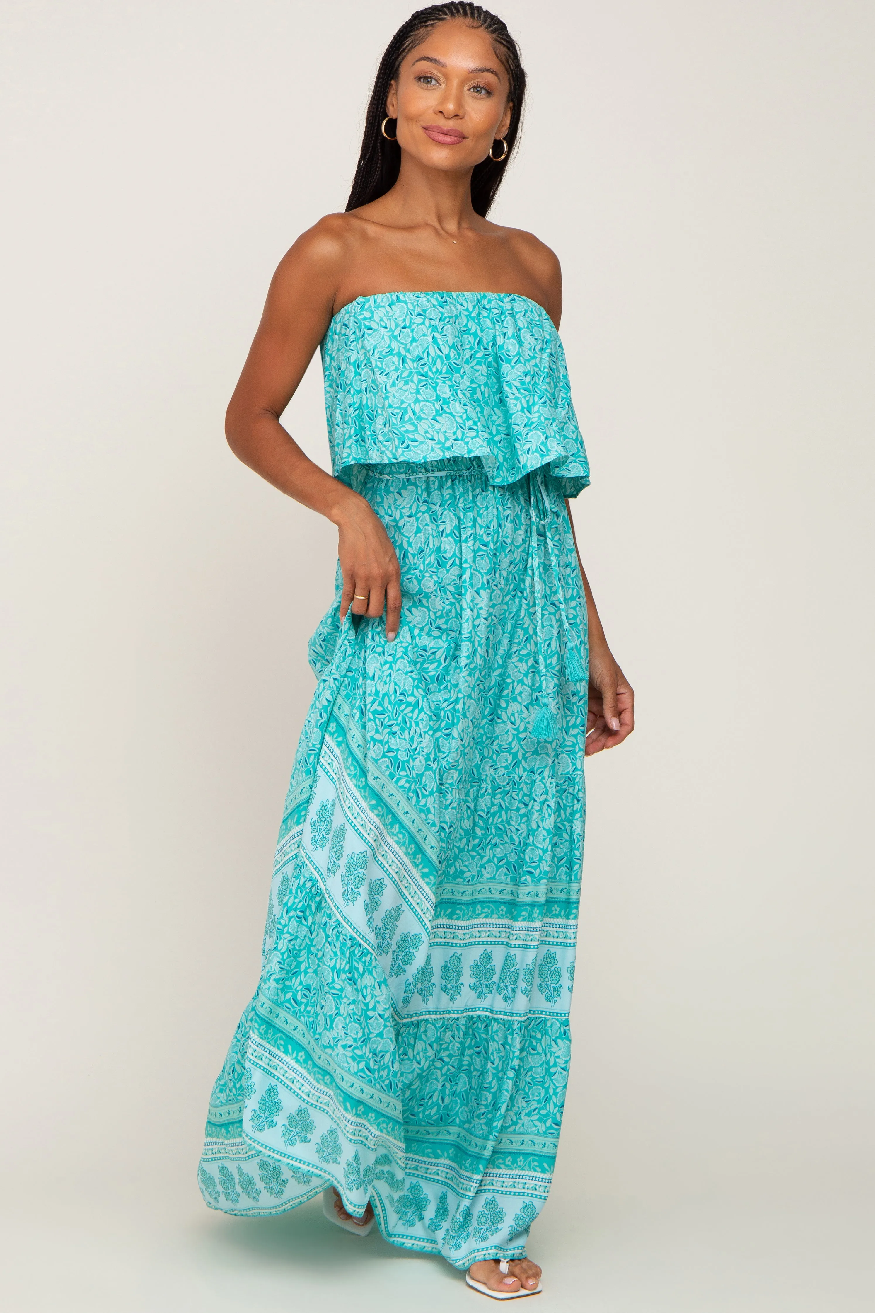 Aqua Floral Ruffle Layered Strapless Maternity Maxi Dress