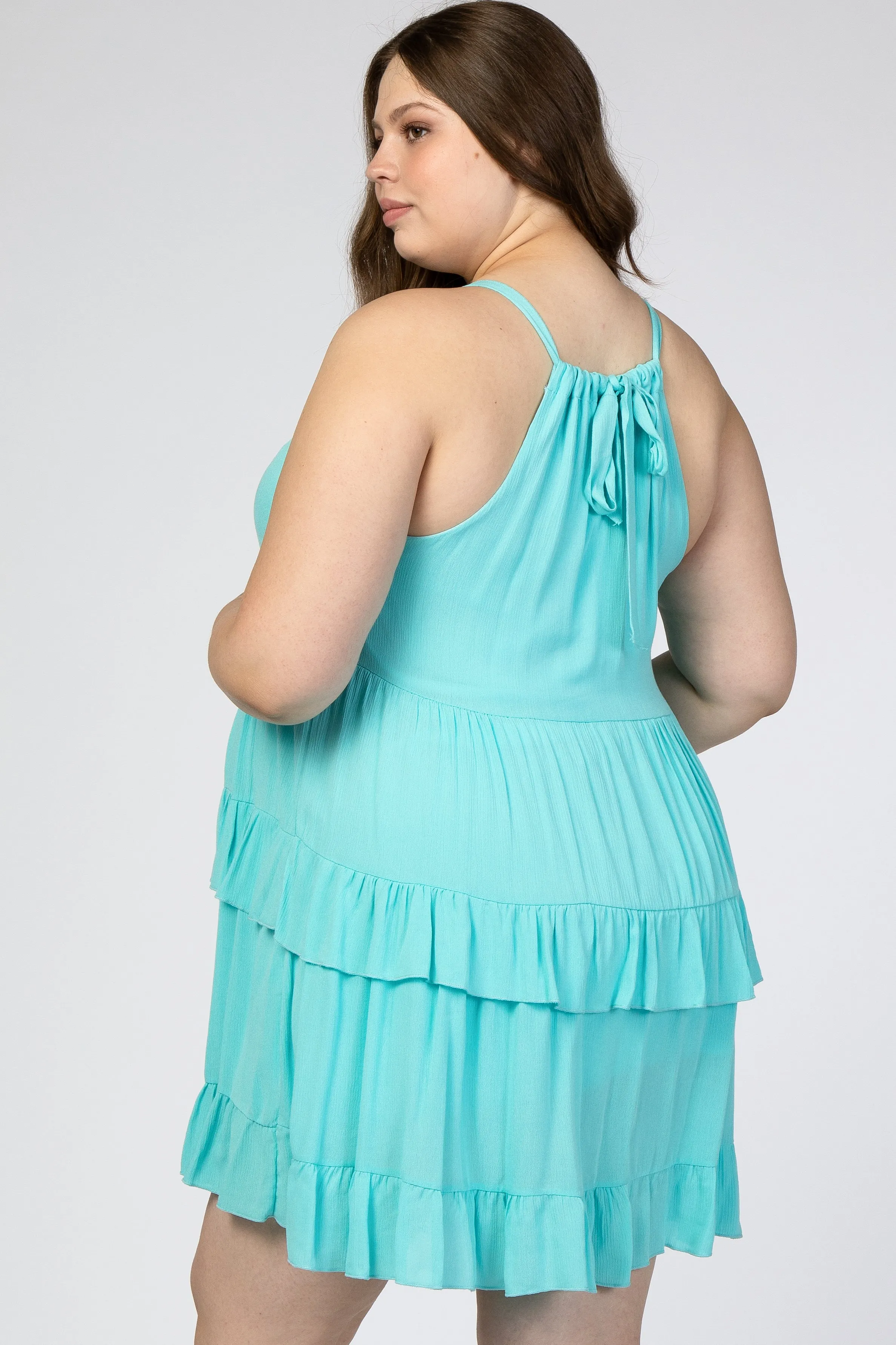 Aqua Halter Neck Tie Tiered Maternity Plus Dress