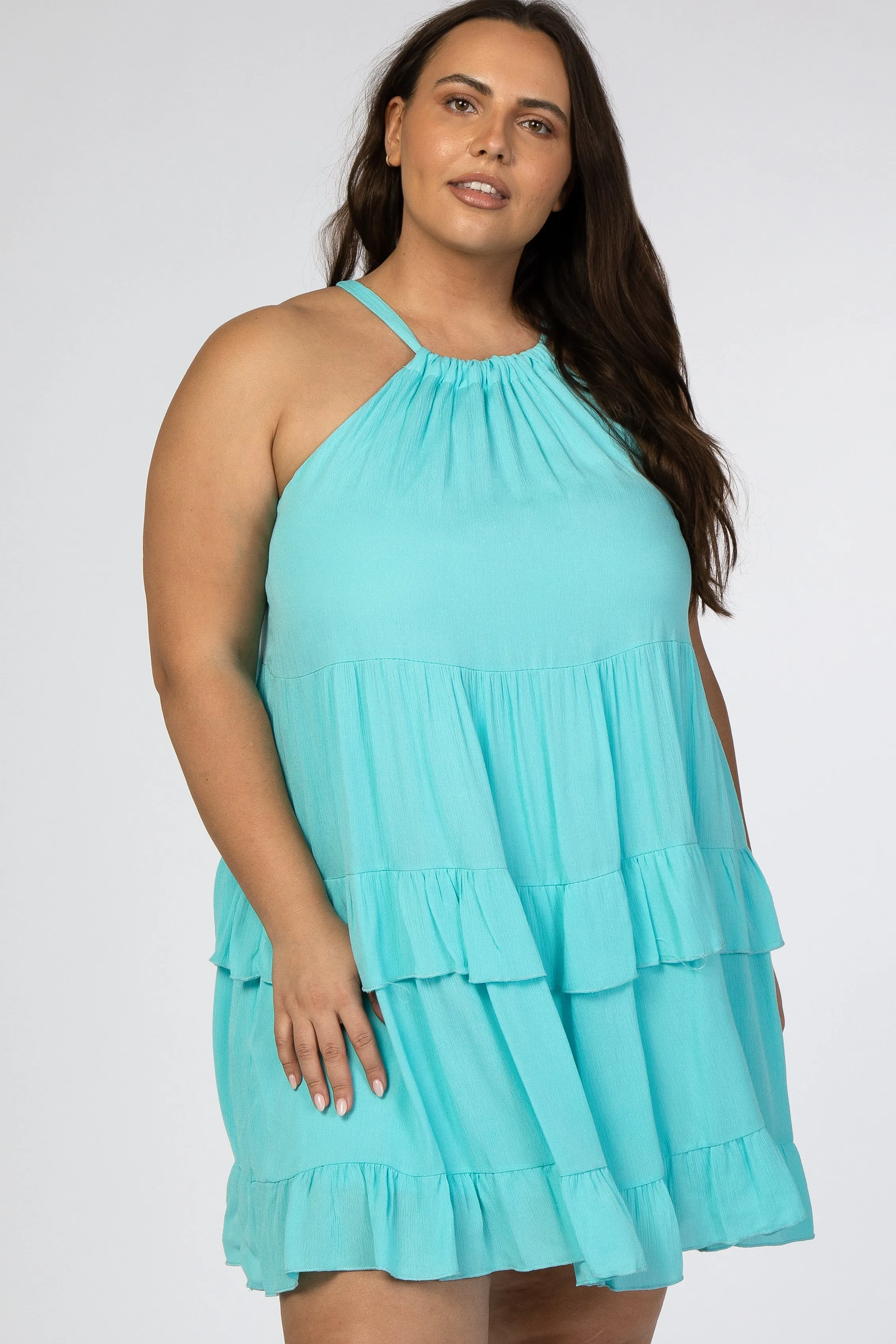 Aqua Halter Neck Tie Tiered Plus Dress