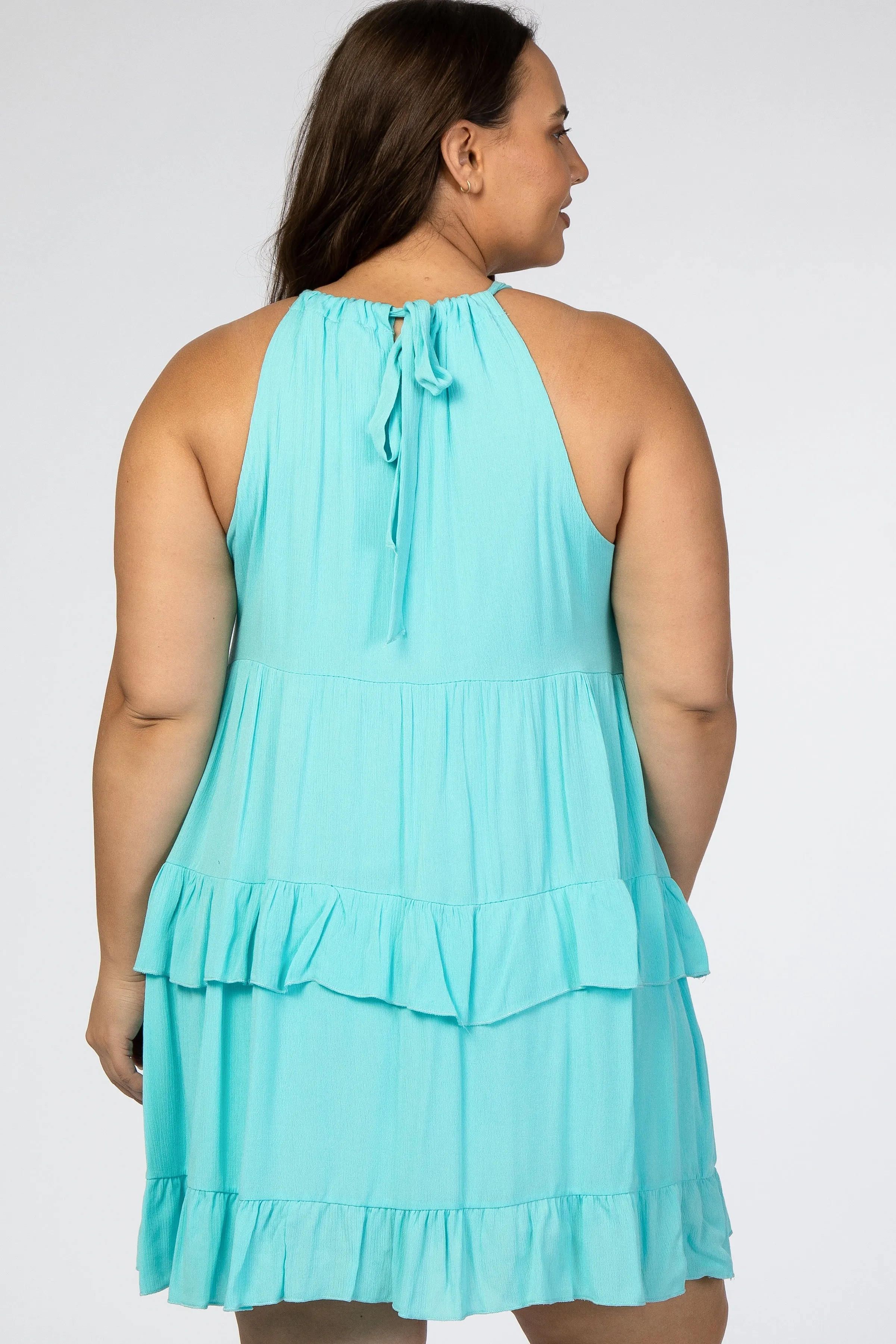 Aqua Halter Neck Tie Tiered Plus Dress