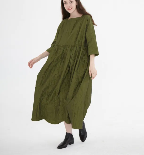 Army Green Linen Cotton  Women Dress SJ9201229