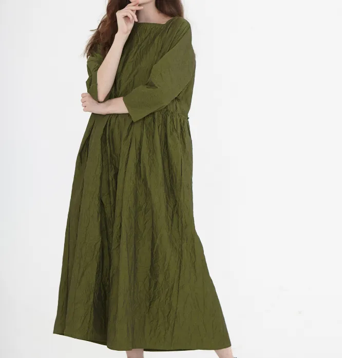 Army Green Linen Cotton  Women Dress SJ9201229