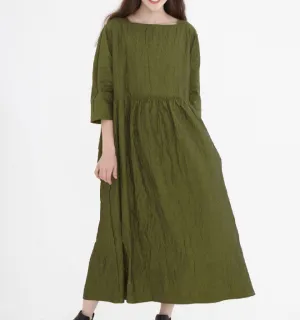 Army Green Linen Cotton  Women Dress SJ9201229