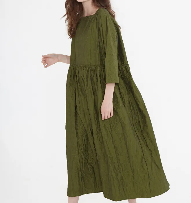 Army Green Linen Cotton  Women Dress SJ9201229