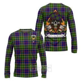 Arnott Tartan Long Sleeve T-Shirt with Family Crest and Bearded Skull Holding Bottles of Whiskey