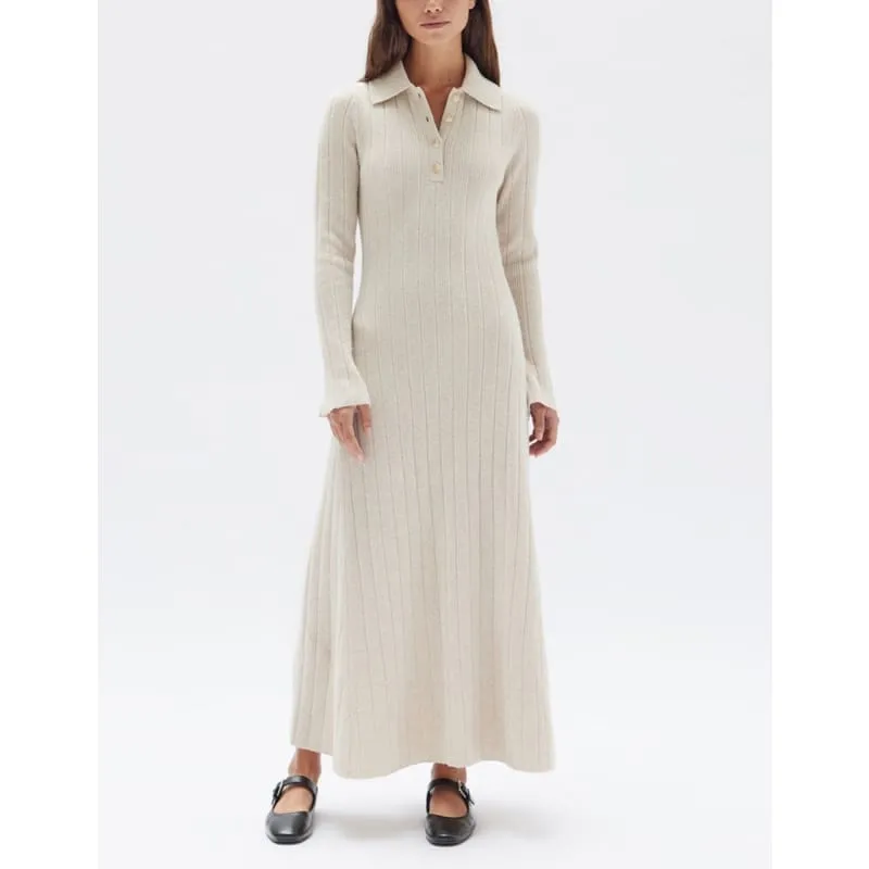 Astrae Wool Rib Maxi Long Sleeve Dress | Oat Marle